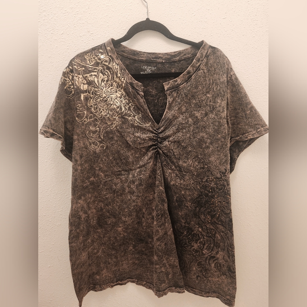 Y2K Tatoo Print Acid Wash T-Shirt Lane Bryant 26/28 W/Bedazzled Embelishments
